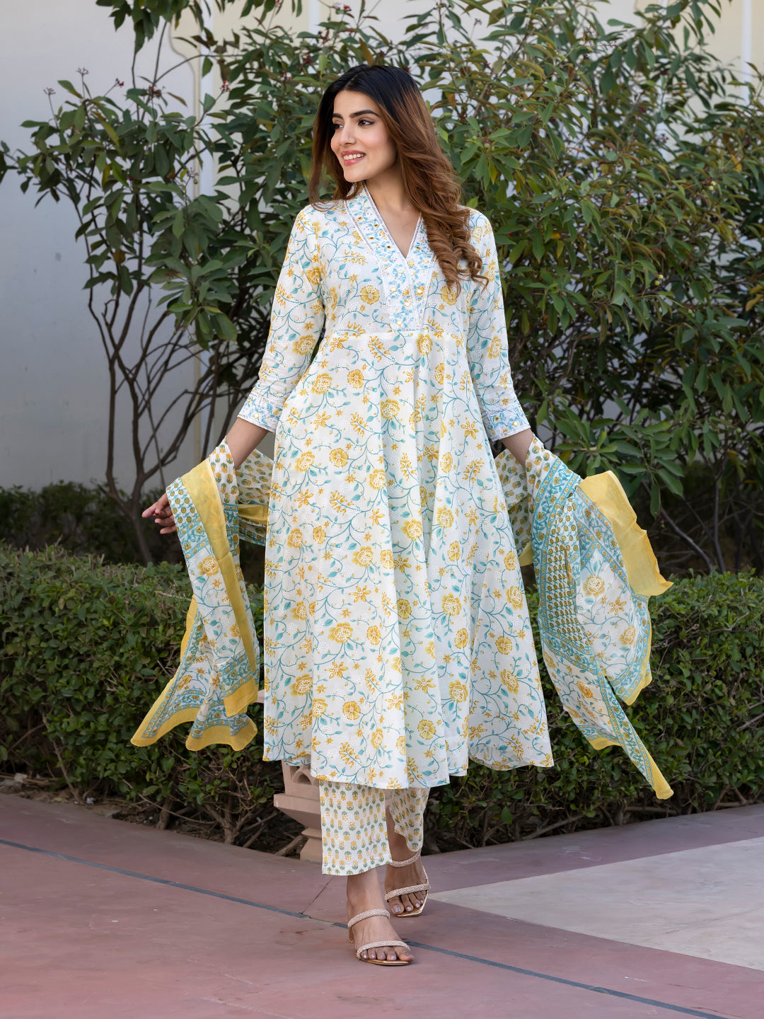 Jaitpuriya Women Yellow and White Floral Print Anarkali Kurta Set with Trouser and Dupatta