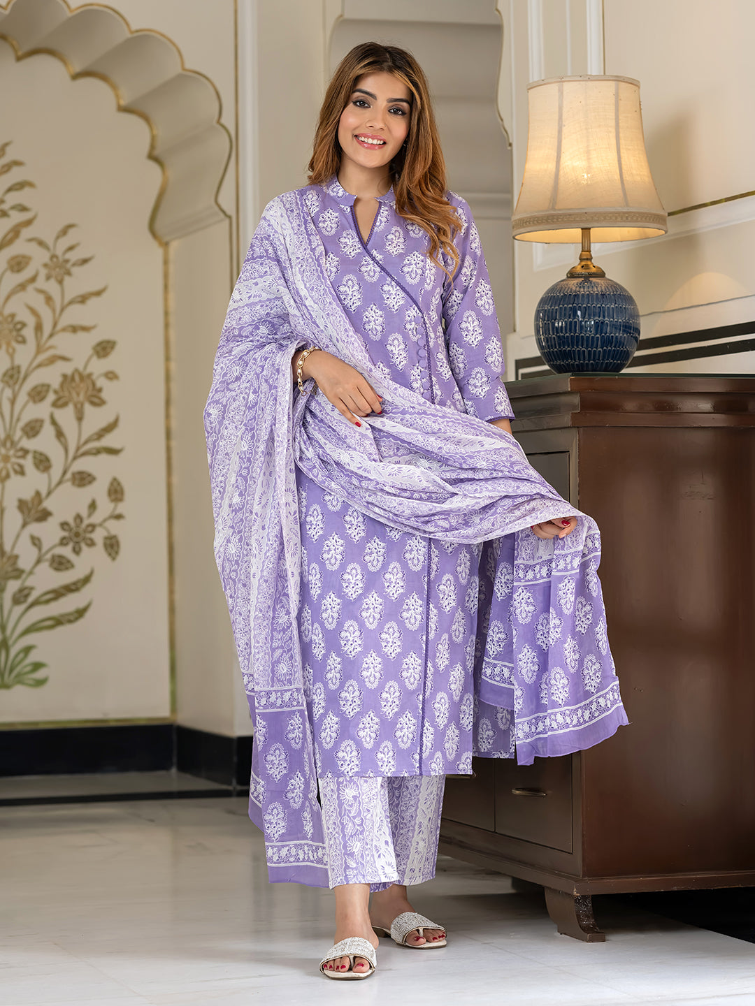 Jaitpuriya Women Blue And White Pure Cotton Straight Kurta Bottom Dupatta set