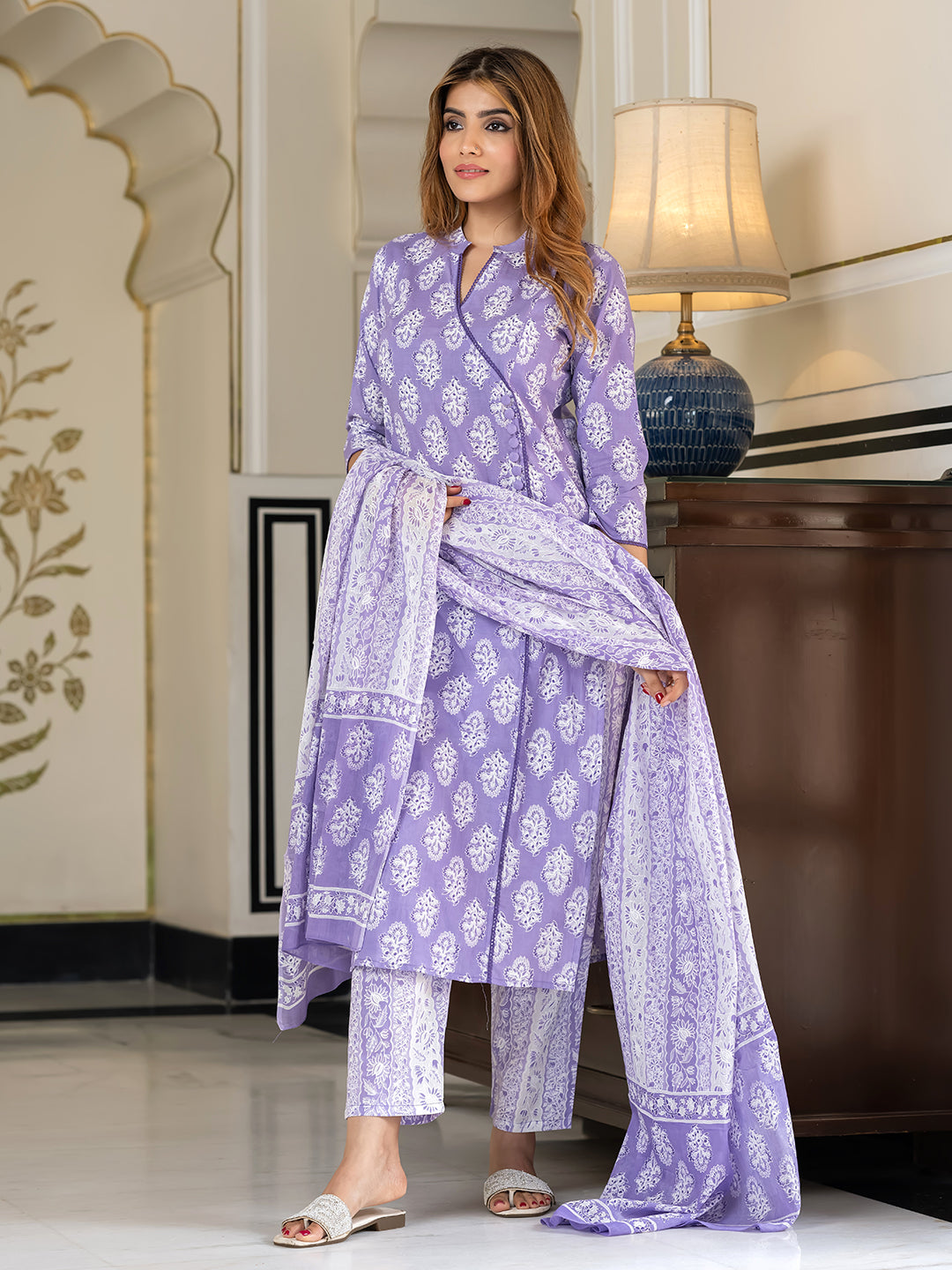 Jaitpuriya Women Blue And White Pure Cotton Straight Kurta Bottom Dupatta set