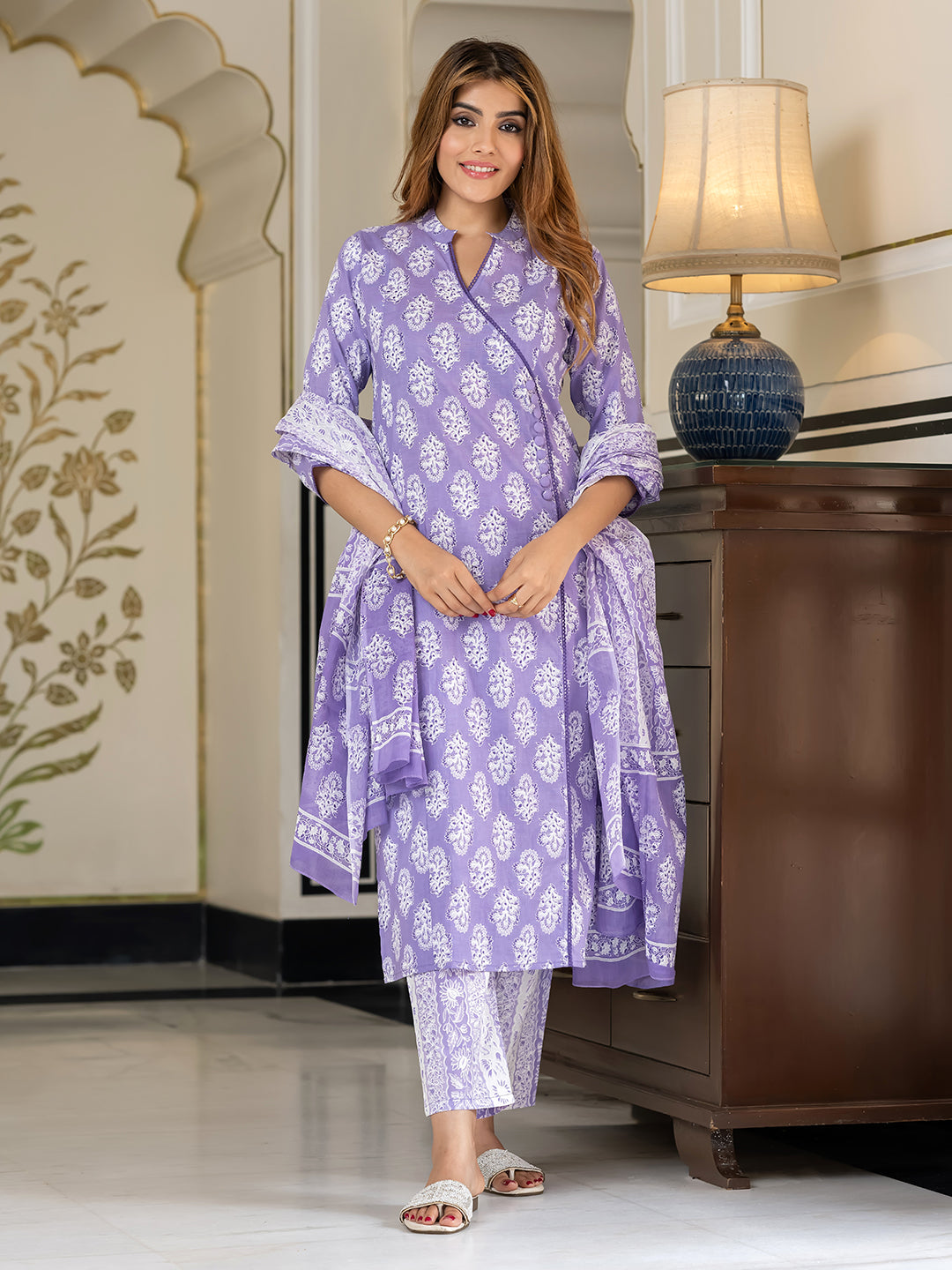 Jaitpuriya Women Blue And White Pure Cotton Straight Kurta Bottom Dupatta set