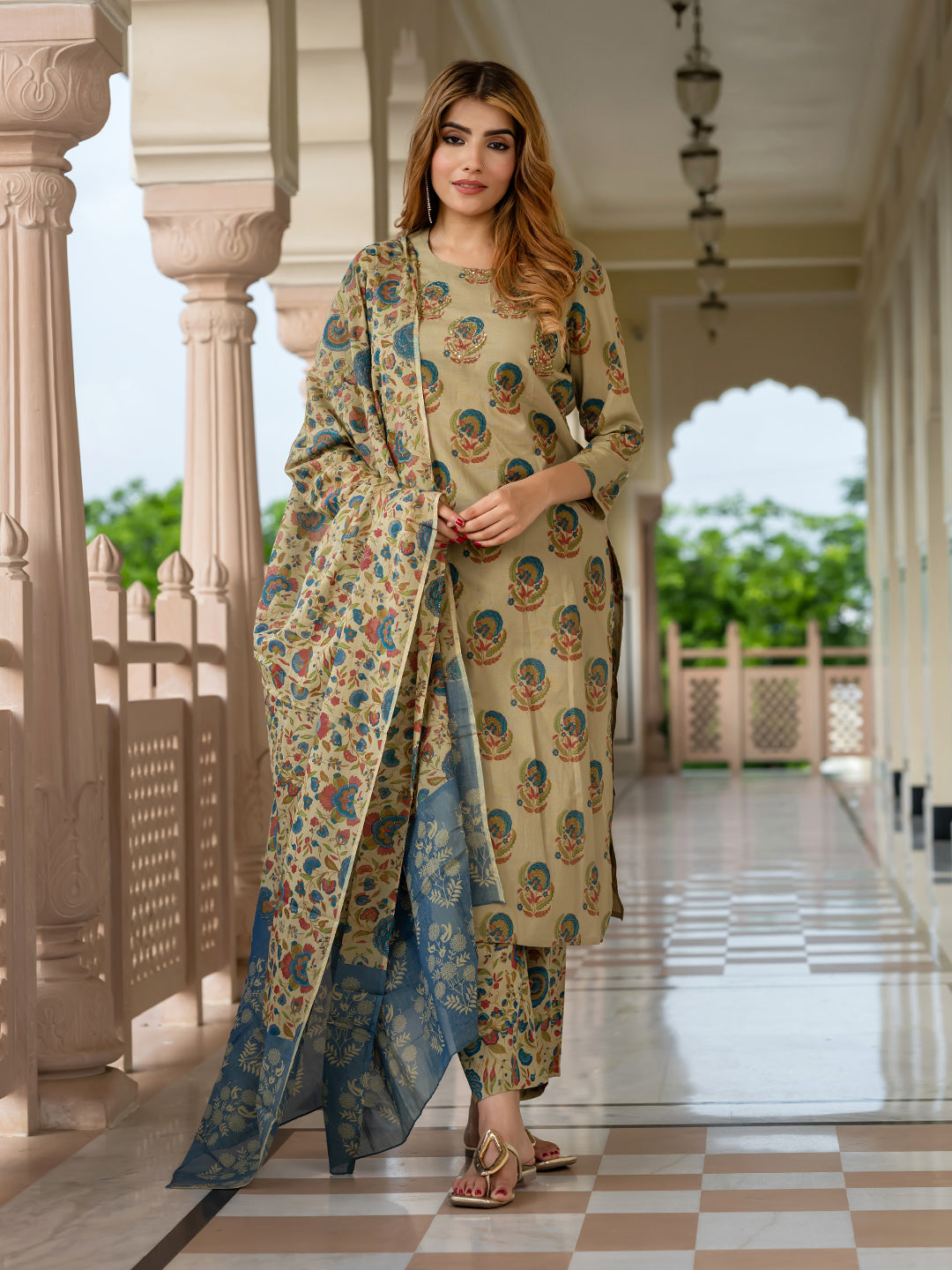 Jaitpuriya Women Green And orange Pure Cotton Straight Kurta Bottom Dupatta set