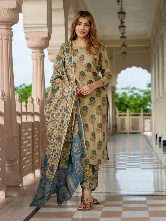 Jaitpuriya Women Green And orange Pure Cotton Straight Kurta Bottom Dupatta set