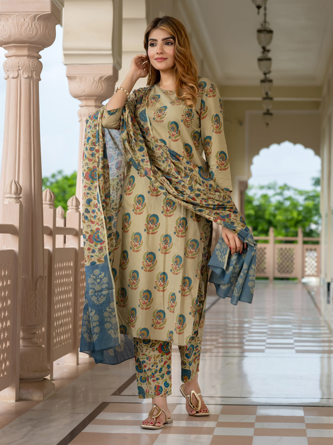 Jaitpuriya Women Green And orange Pure Cotton Straight Kurta Bottom Dupatta set