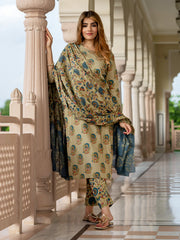 Jaitpuriya Women Green And orange Pure Cotton Straight Kurta Bottom Dupatta set