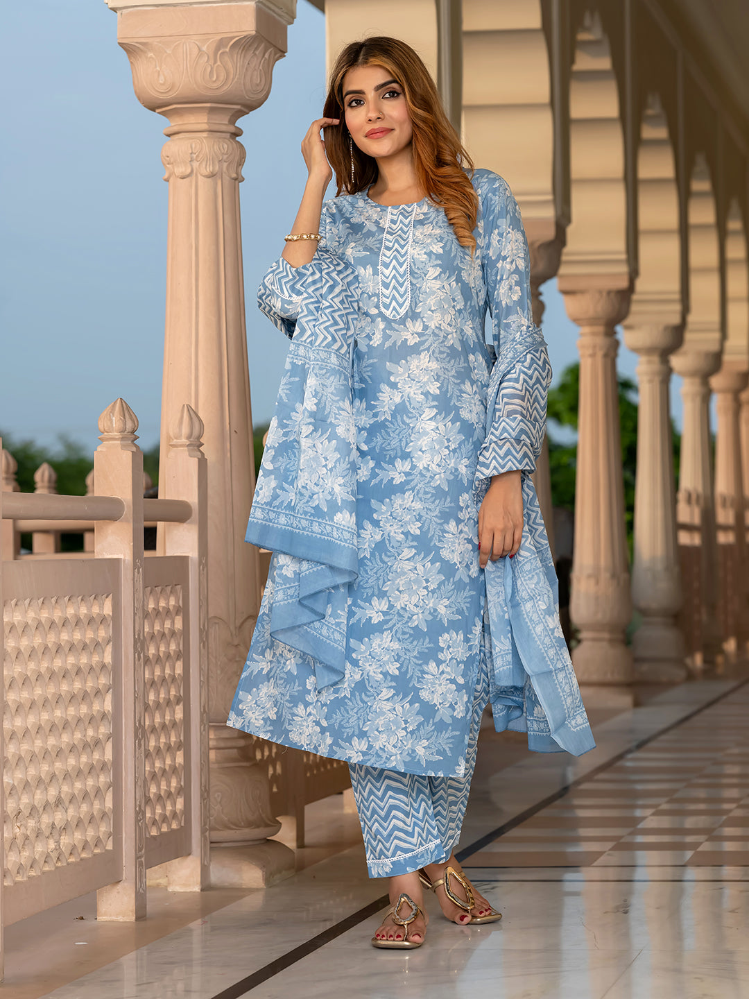 Jaitpuriya Women Blue Pure Cotton Straight Kurta Bottom Dupatta set