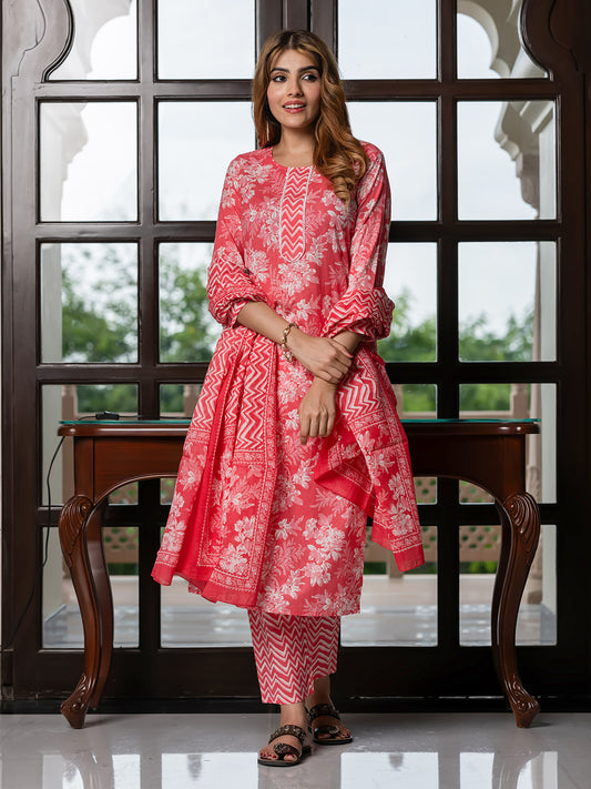 Jaitpuriya Women Pink Pure Cotton Straight Kurta Bottom Dupatta set