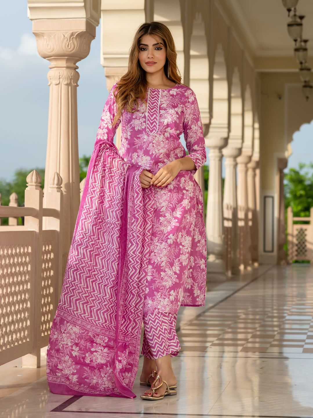 Jaitpuriya Women Purple Pure Cotton Straight Kurta Bottom Dupatta set