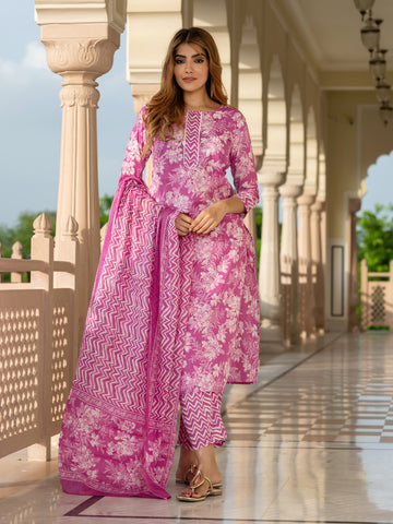 Jaitpuriya Women Purple Pure Cotton Straight Kurta Bottom Dupatta set