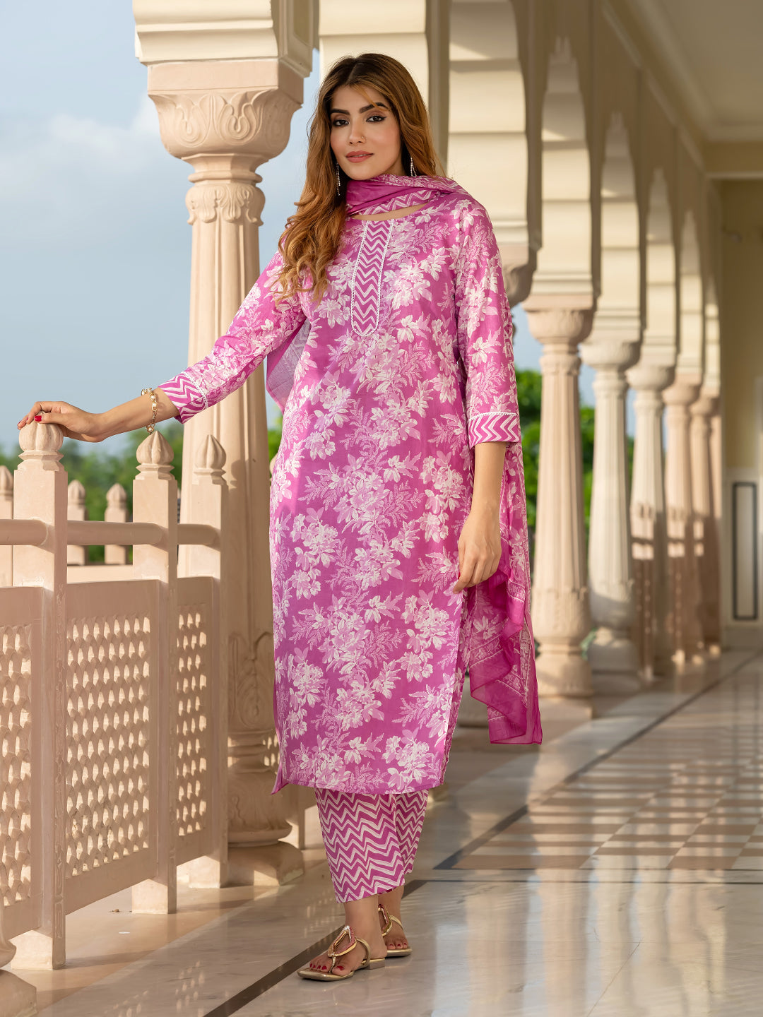 Jaitpuriya Women Purple Pure Cotton Straight Kurta Bottom Dupatta set