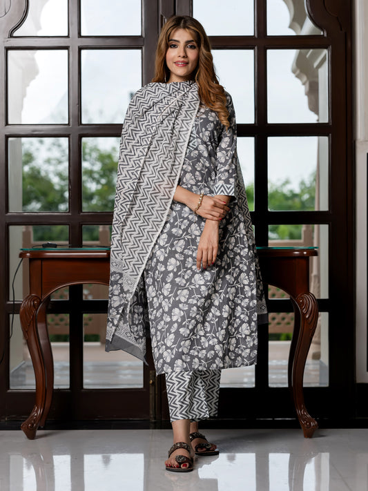 Jaitpuriya Women Grey And White Pure Cotton Straight Kurta Bottom Dupatta set