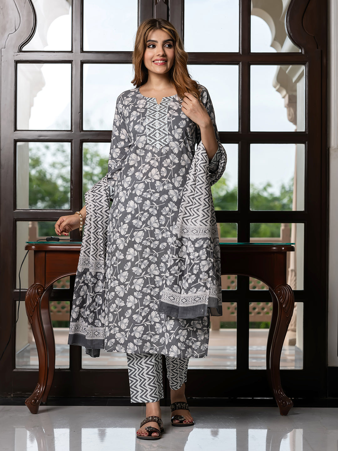 Jaitpuriya Women Grey And White Pure Cotton Straight Kurta Bottom Dupatta set