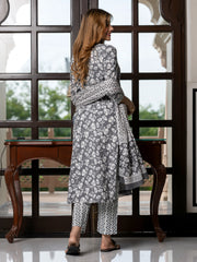 Jaitpuriya Women Grey And White Pure Cotton Straight Kurta Bottom Dupatta set