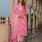 Jaitpuriya Women Pink And White Pure Cotton Straight Kurta Bottom Dupatta set
