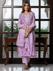 Jaitpuriya Women Purple And White Pure Cotton Straight Kurta Bottom Dupatta set