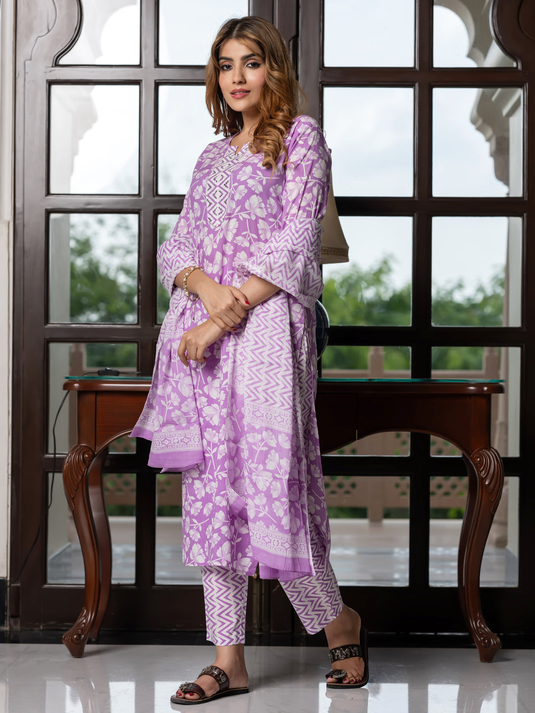 Jaitpuriya Women Purple And White Pure Cotton Straight Kurta Bottom Dupatta set
