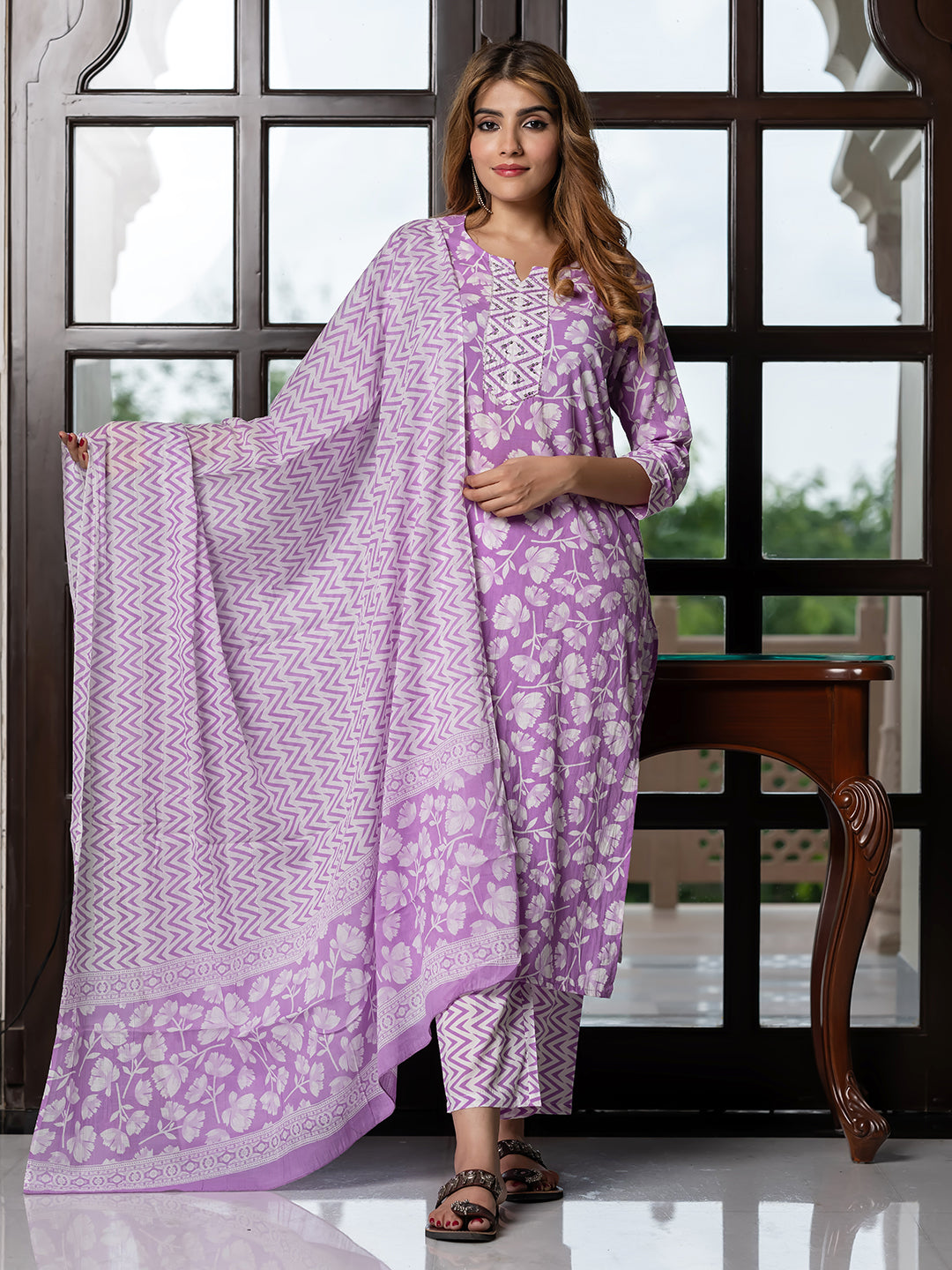 Jaitpuriya Women Purple And White Pure Cotton Straight Kurta Bottom Dupatta set