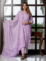 Jaitpuriya Women Purple And White Pure Cotton Straight Kurta Bottom Dupatta set