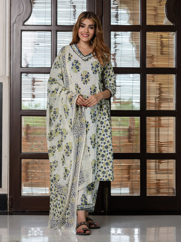 Jaitpuriya Women Blue And Cream Pure Cotton A-Line Kurta Bottom Dupatta set