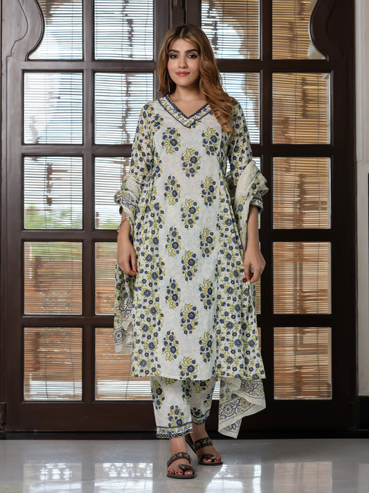 Jaitpuriya Women Blue And Cream Pure Cotton A-Line Kurta Bottom Dupatta set