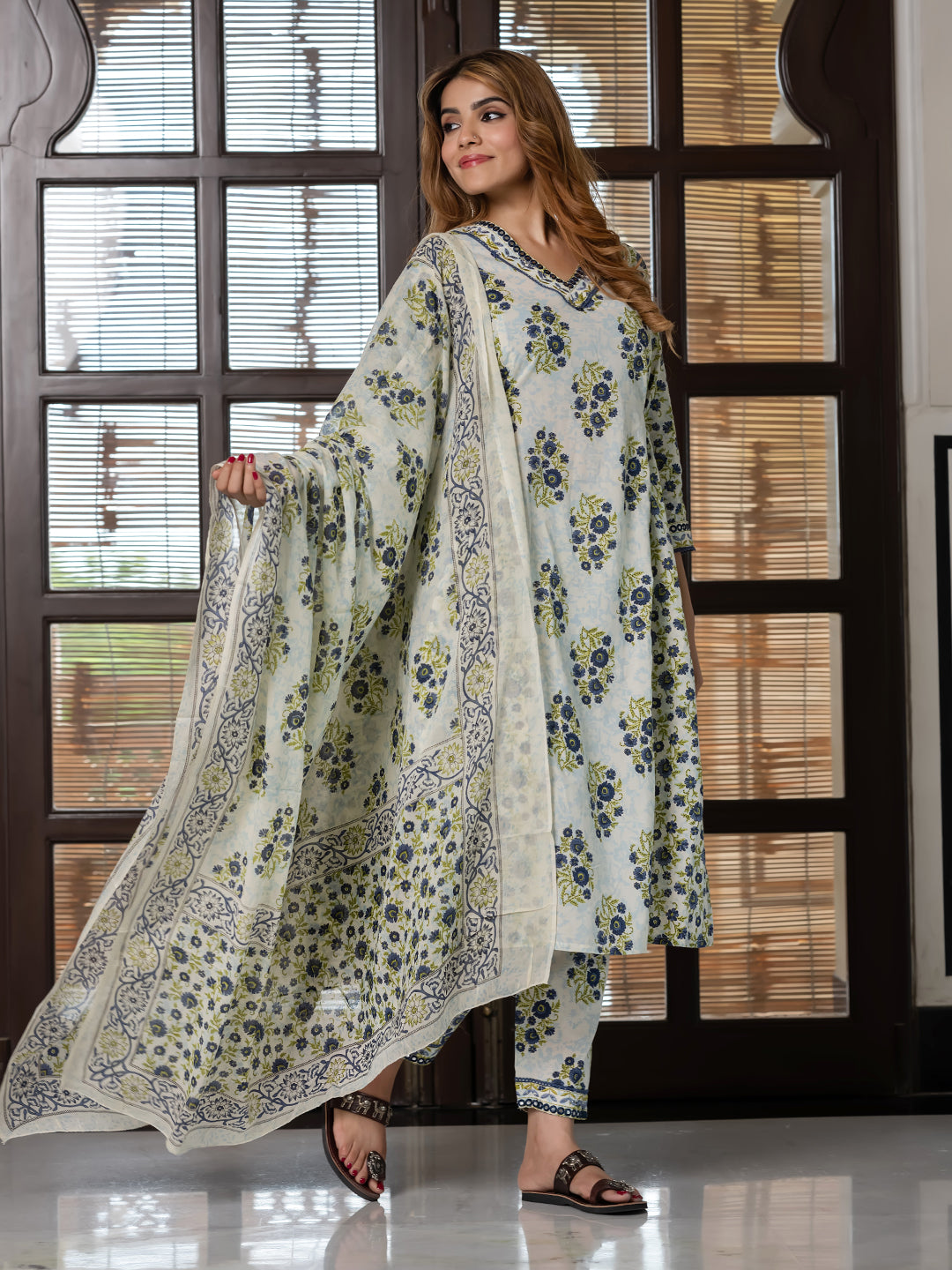 Jaitpuriya Women Blue And Cream Pure Cotton A-Line Kurta Bottom Dupatta set