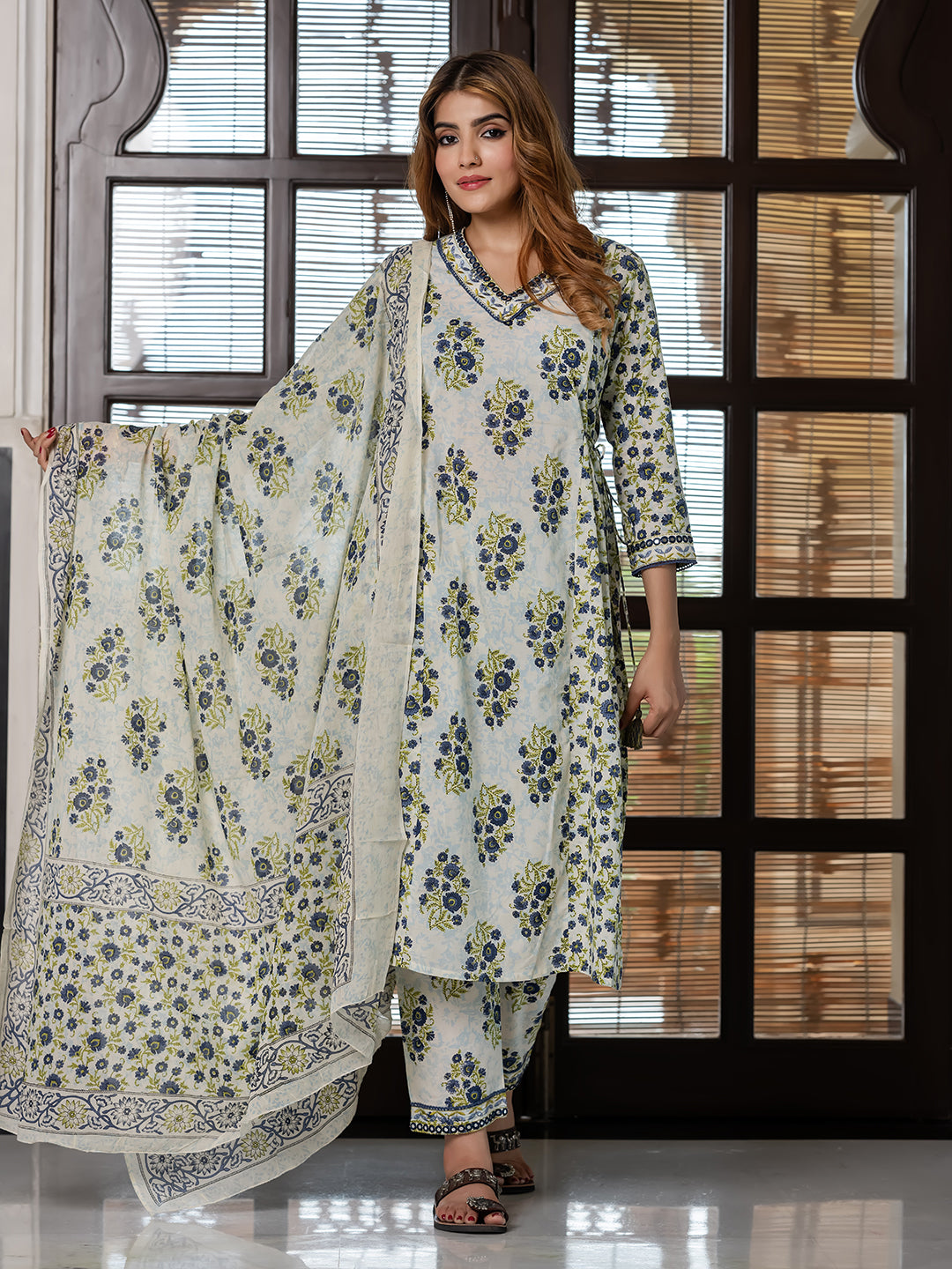Jaitpuriya Women Blue And Cream Pure Cotton A-Line Kurta Bottom Dupatta set