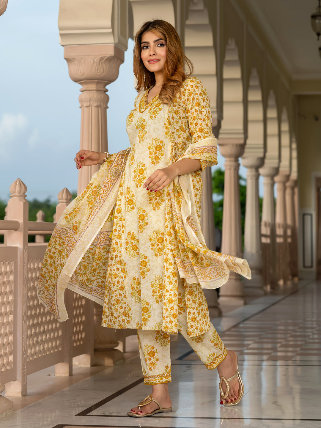 Jaitpuriya Women Yellow And Cream Pure Cotton A-Line Kurta Bottom Dupatta set