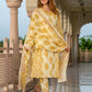 Jaitpuriya Women Yellow And Cream Pure Cotton A-Line Kurta Bottom Dupatta set