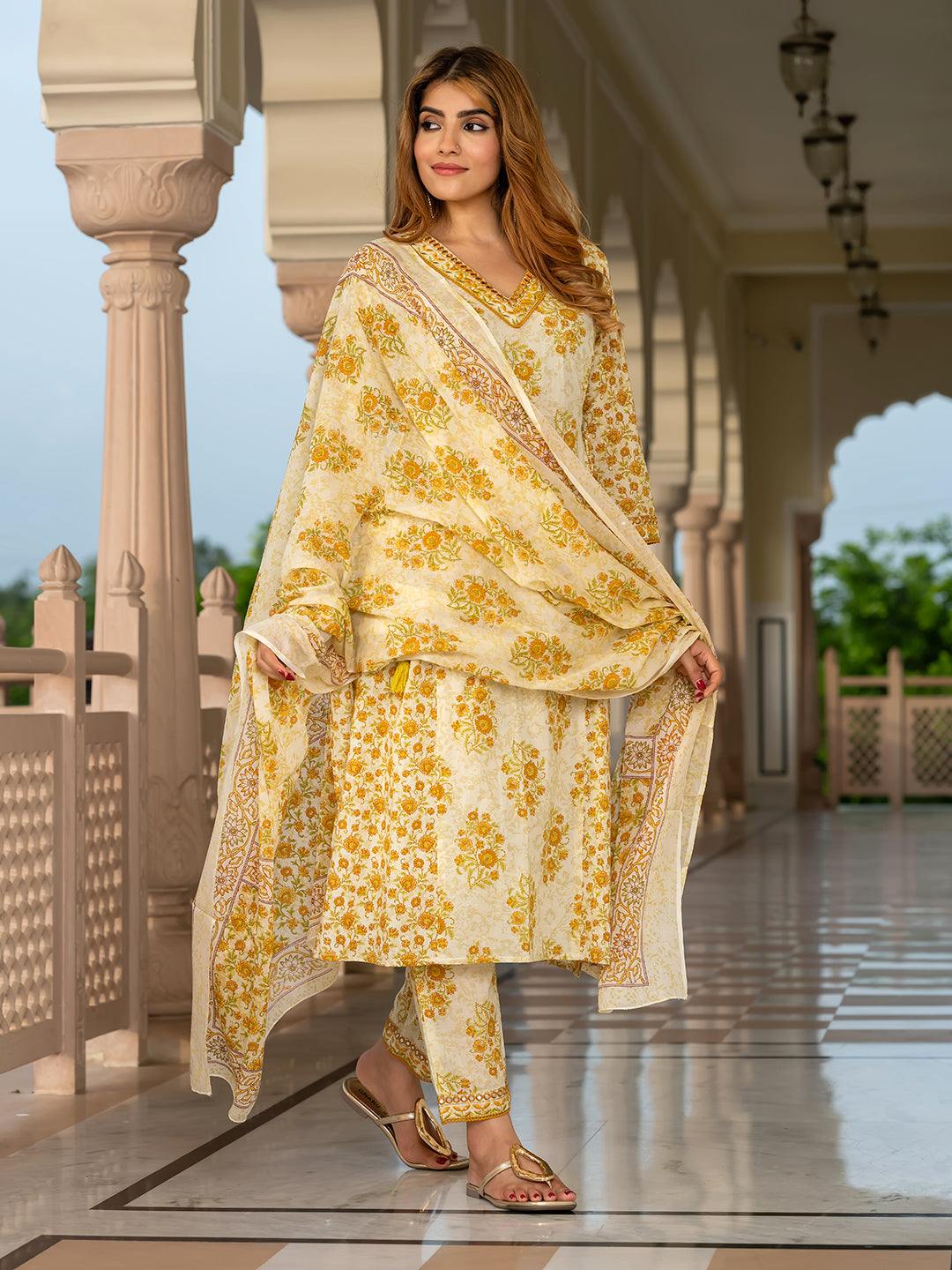 Jaitpuriya Women Yellow And Cream Pure Cotton A-Line Kurta Bottom Dupatta set