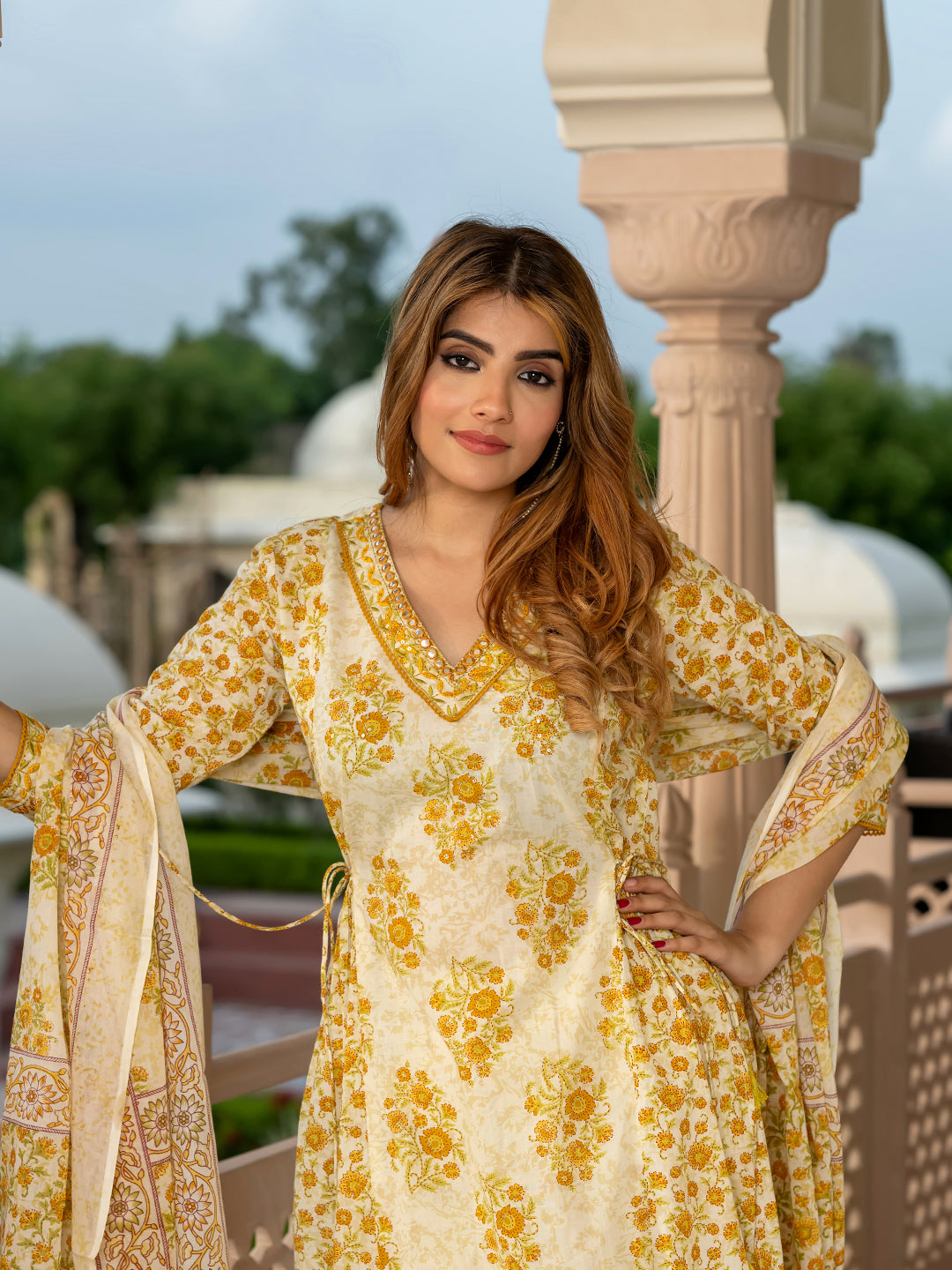 Jaitpuriya Women Yellow And Cream Pure Cotton A-Line Kurta Bottom Dupatta set