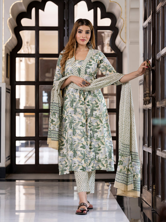 Jaitpuriya Women Yellow And Green Pure Cotton A-Line Kurta Bottom Dupatta set