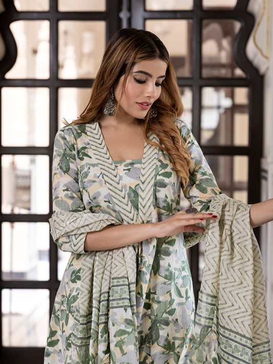 Jaitpuriya Women Yellow And Green Pure Cotton A-Line Kurta Bottom Dupatta set
