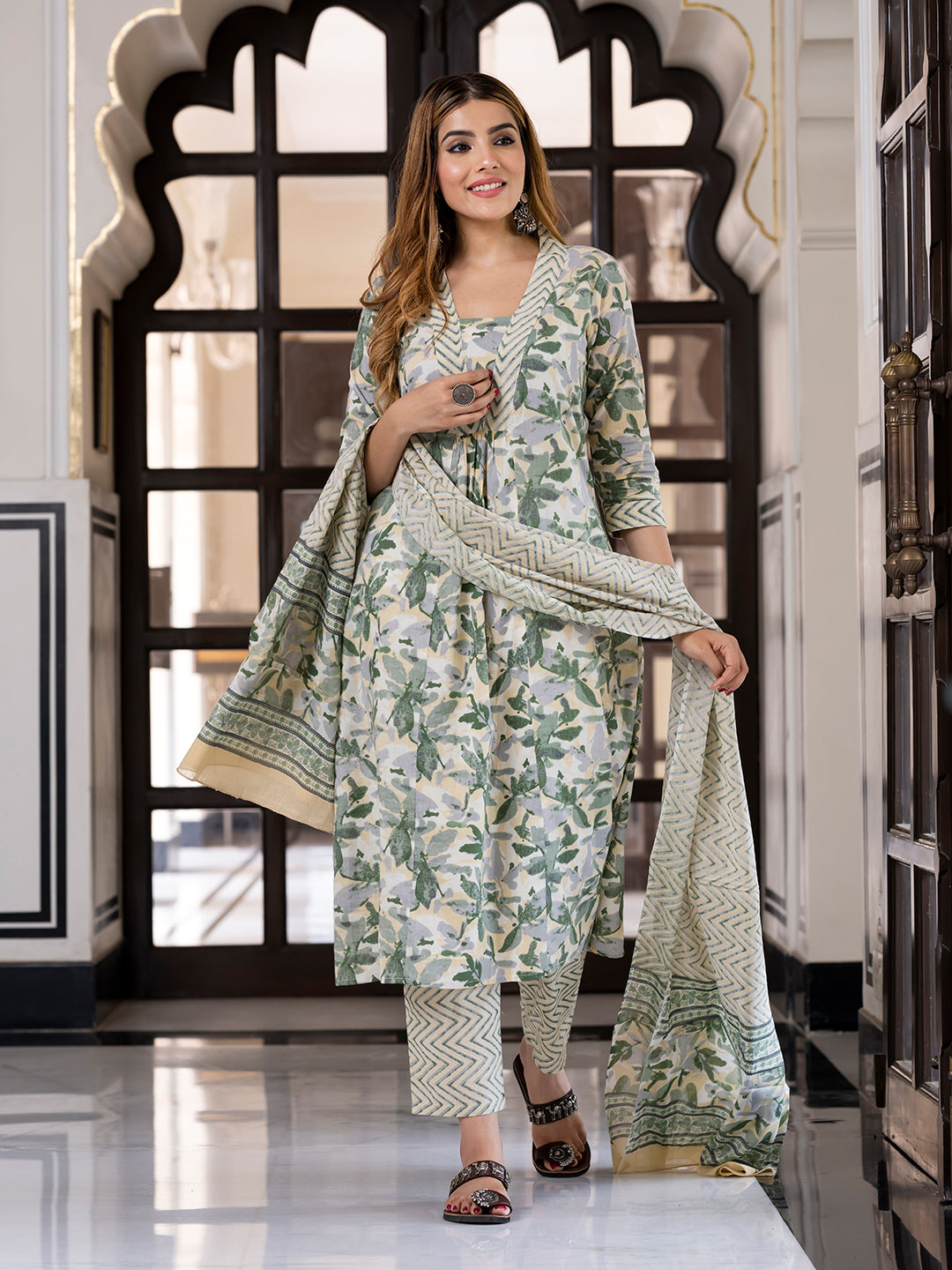 Jaitpuriya Women Yellow And Green Pure Cotton A-Line Kurta Bottom Dupatta set