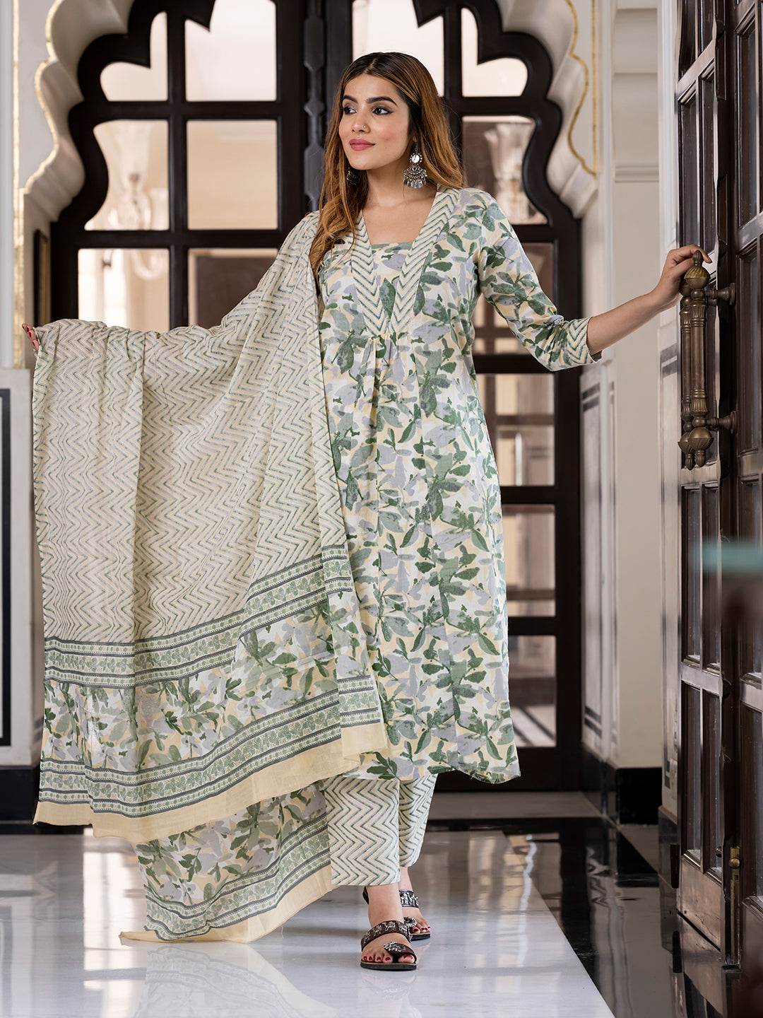 Jaitpuriya Women Yellow And Green Pure Cotton A-Line Kurta Bottom Dupatta set