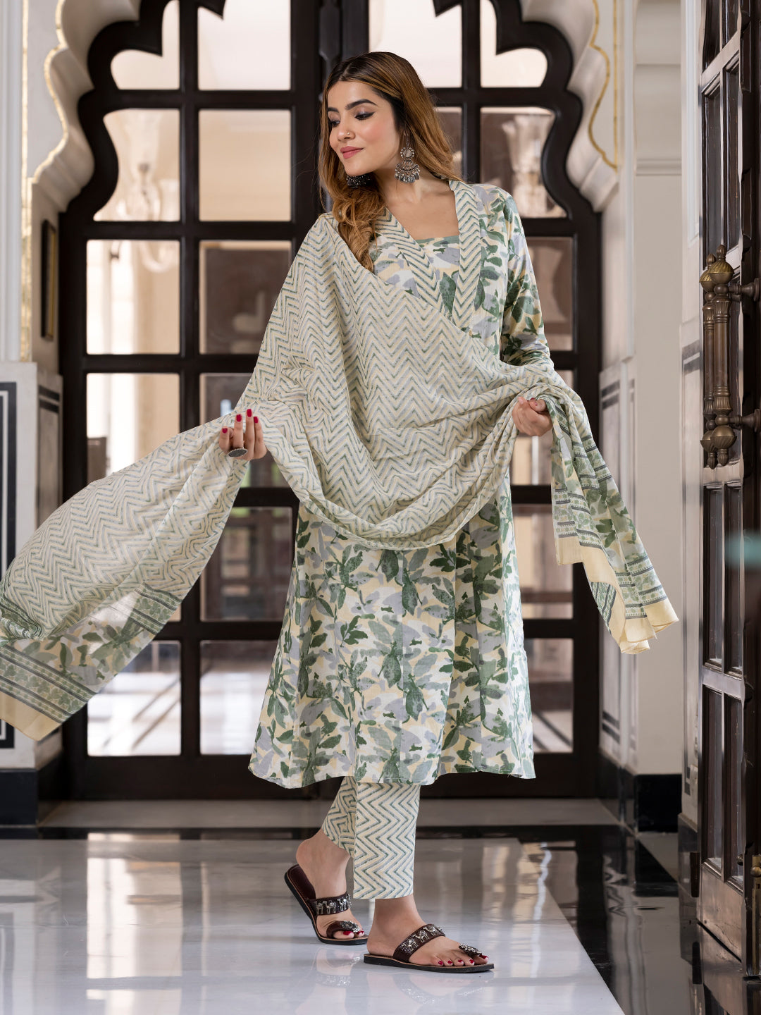Jaitpuriya Women Yellow And Green Pure Cotton A-Line Kurta Bottom Dupatta set