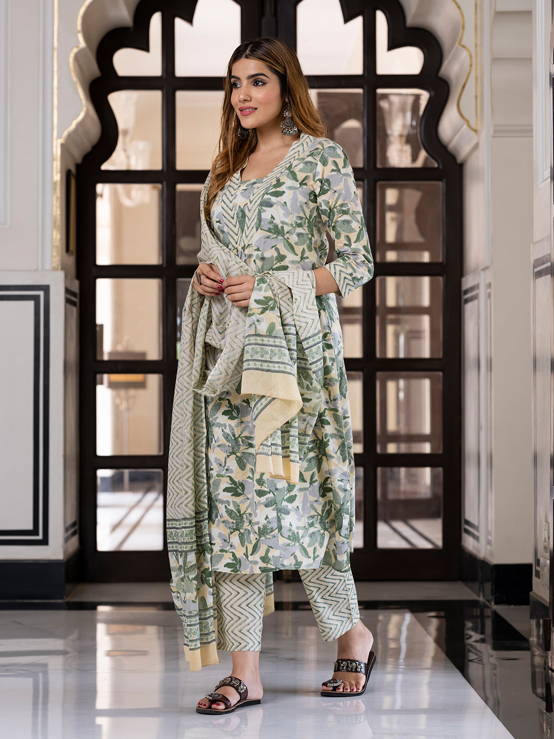 Jaitpuriya Women Yellow And Green Pure Cotton A-Line Kurta Bottom Dupatta set