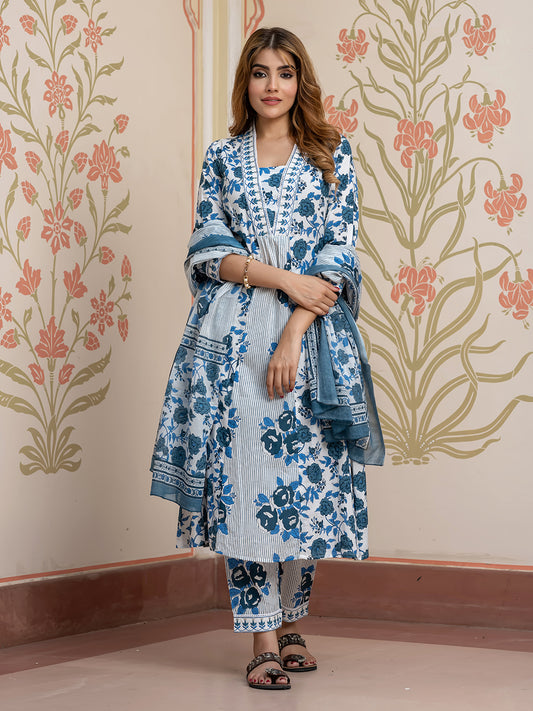 Jaitpuriya Women Blue Pure Cotton A-Line Kurta Bottom Dupatta set