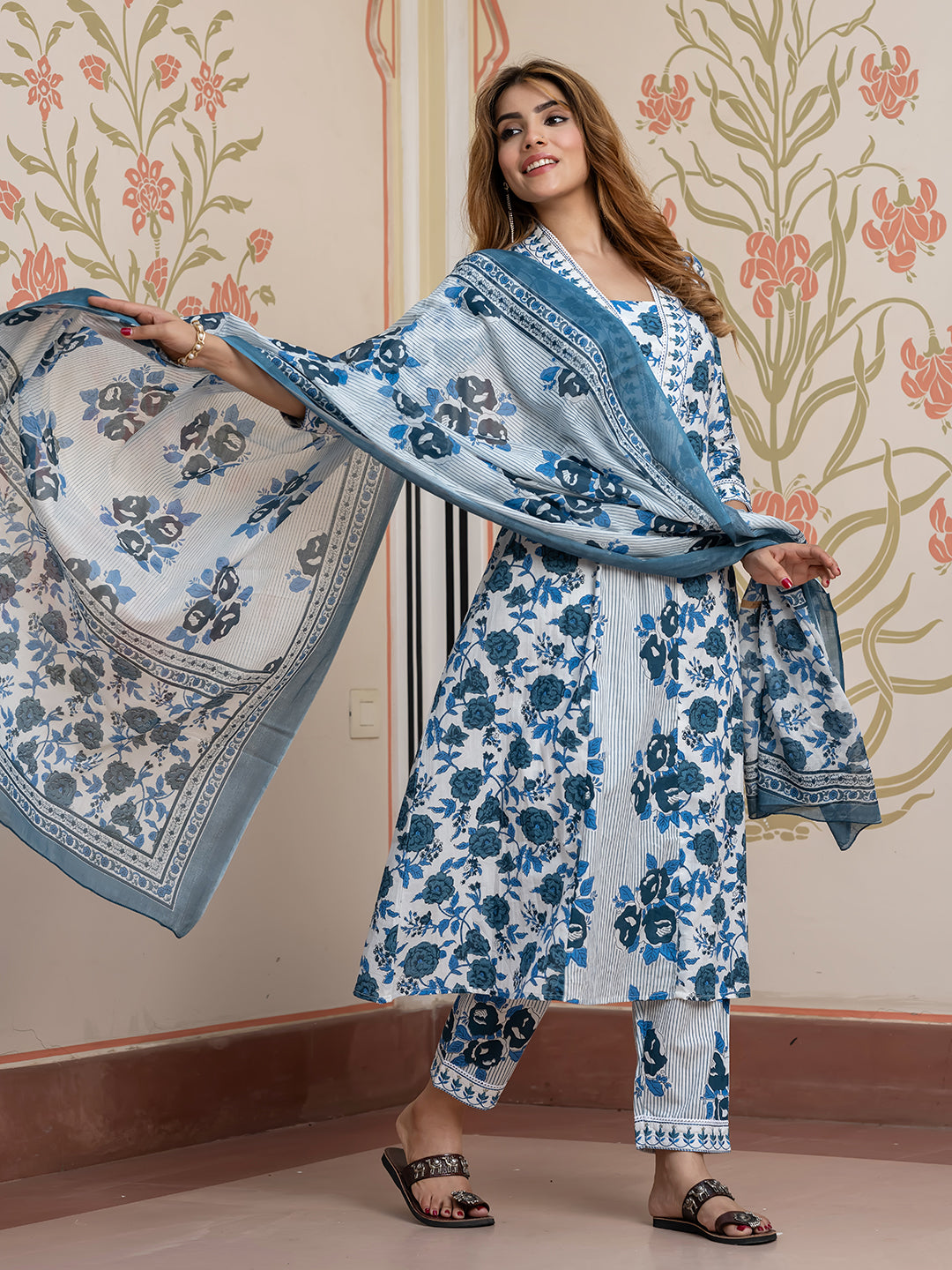 Jaitpuriya Women Blue Pure Cotton A-Line Kurta Bottom Dupatta set