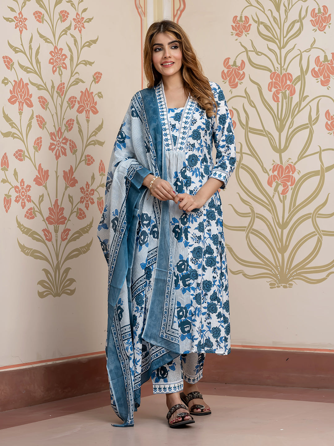 Jaitpuriya Women Blue Pure Cotton A-Line Kurta Bottom Dupatta set