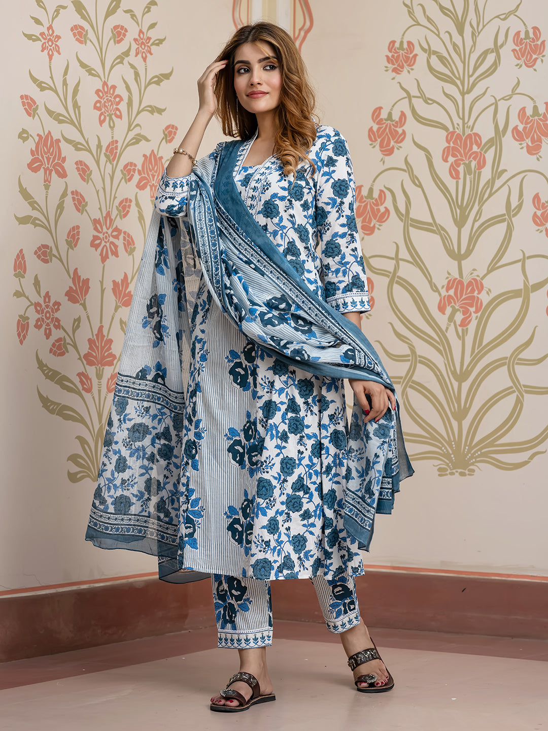 Jaitpuriya Women Blue Pure Cotton A-Line Kurta Bottom Dupatta set