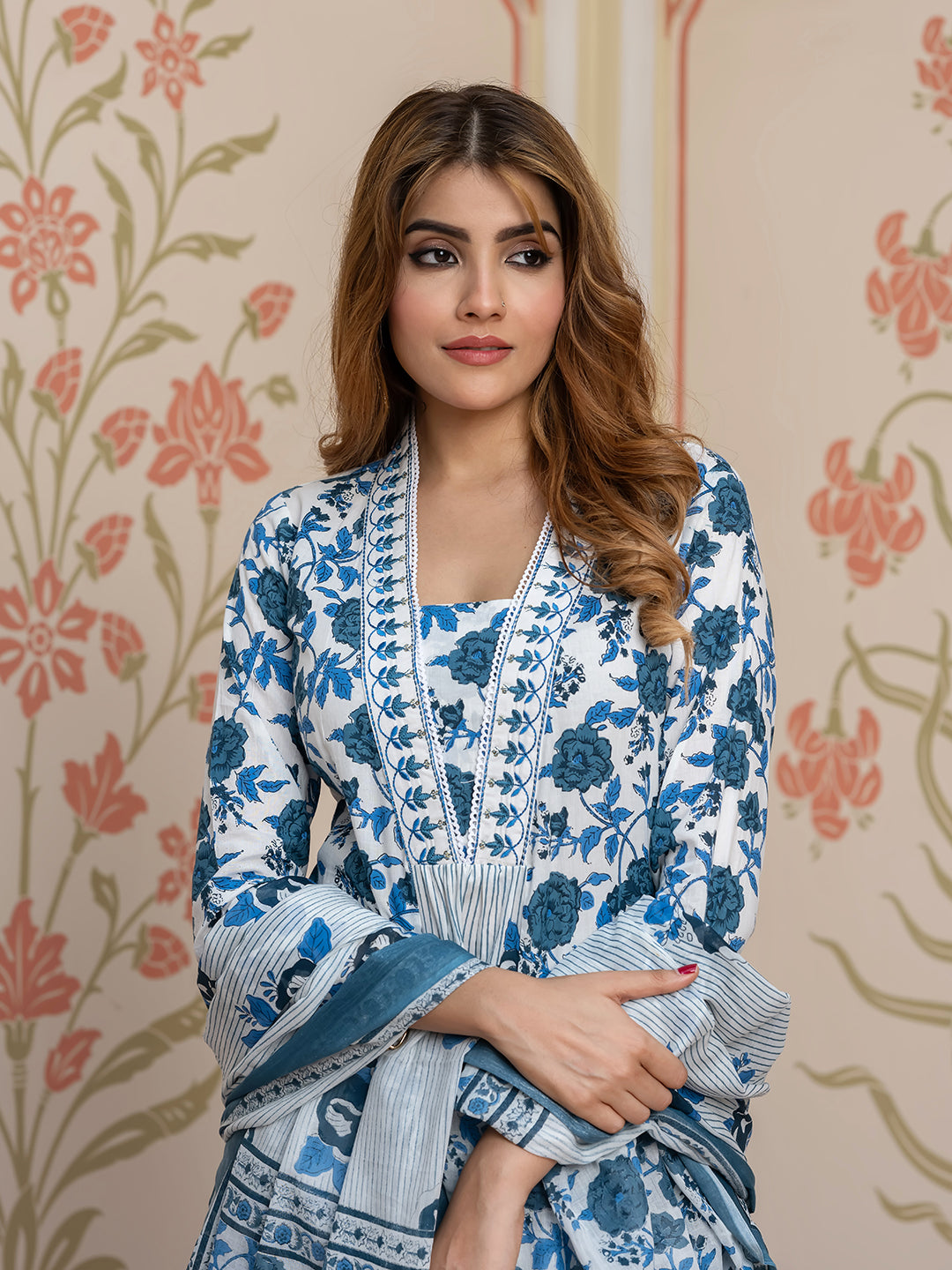 Jaitpuriya Women Blue Pure Cotton A-Line Kurta Bottom Dupatta set