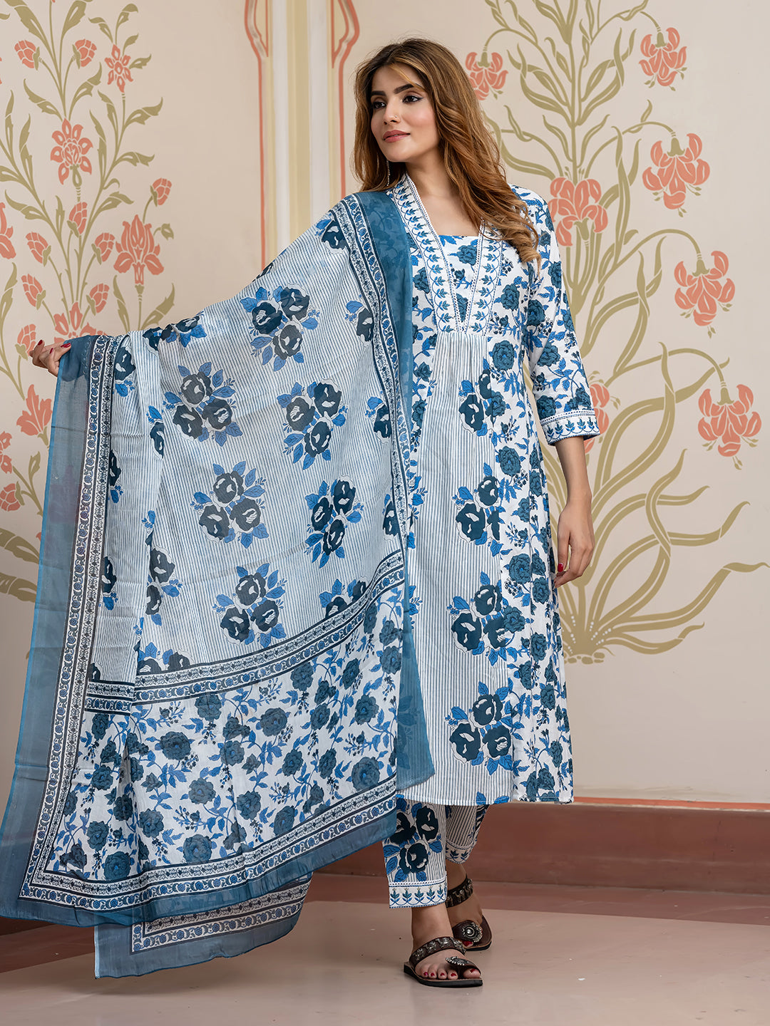 Jaitpuriya Women Blue Pure Cotton A-Line Kurta Bottom Dupatta set