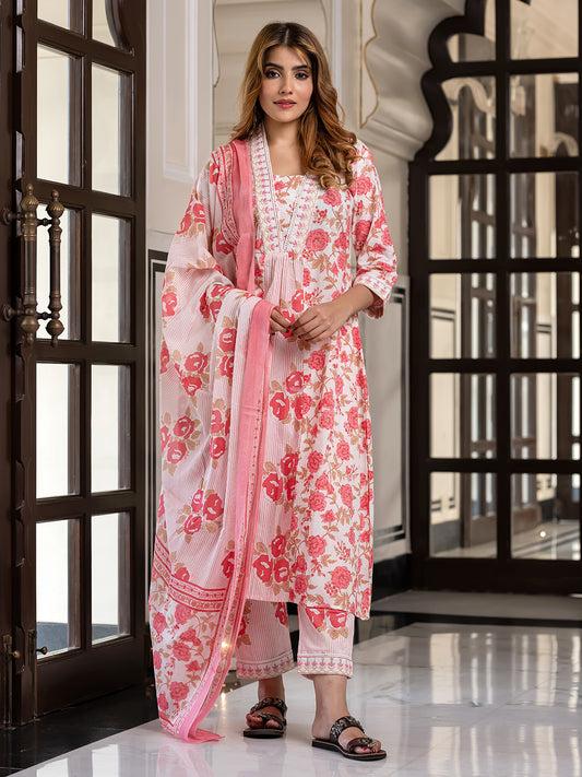 Jaitpuriya Women Pink Pure Cotton A-Line Kurta Bottom Dupatta set