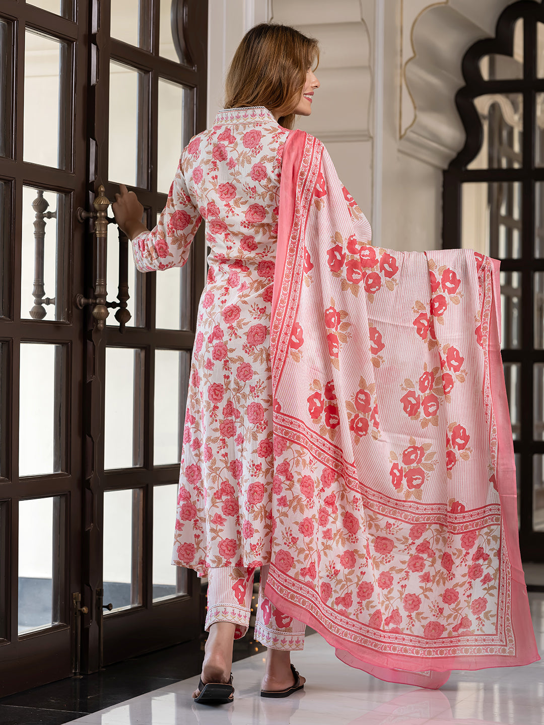 Jaitpuriya Women Pink Pure Cotton A-Line Kurta Bottom Dupatta set