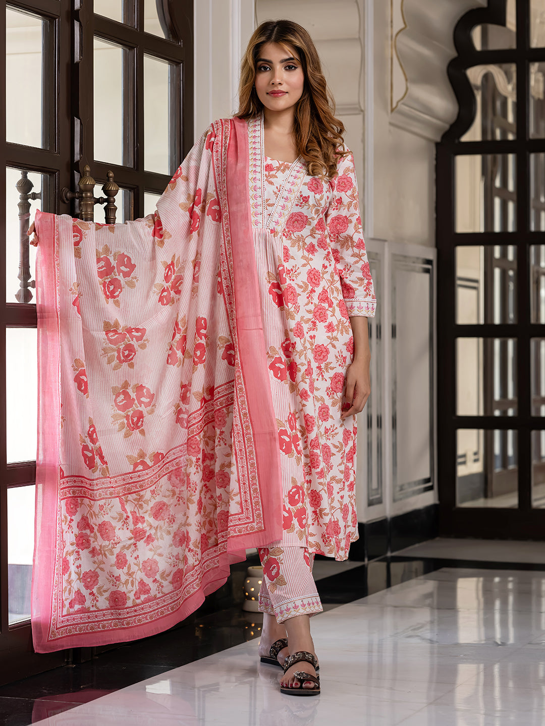 Jaitpuriya Women Pink Pure Cotton A-Line Kurta Bottom Dupatta set
