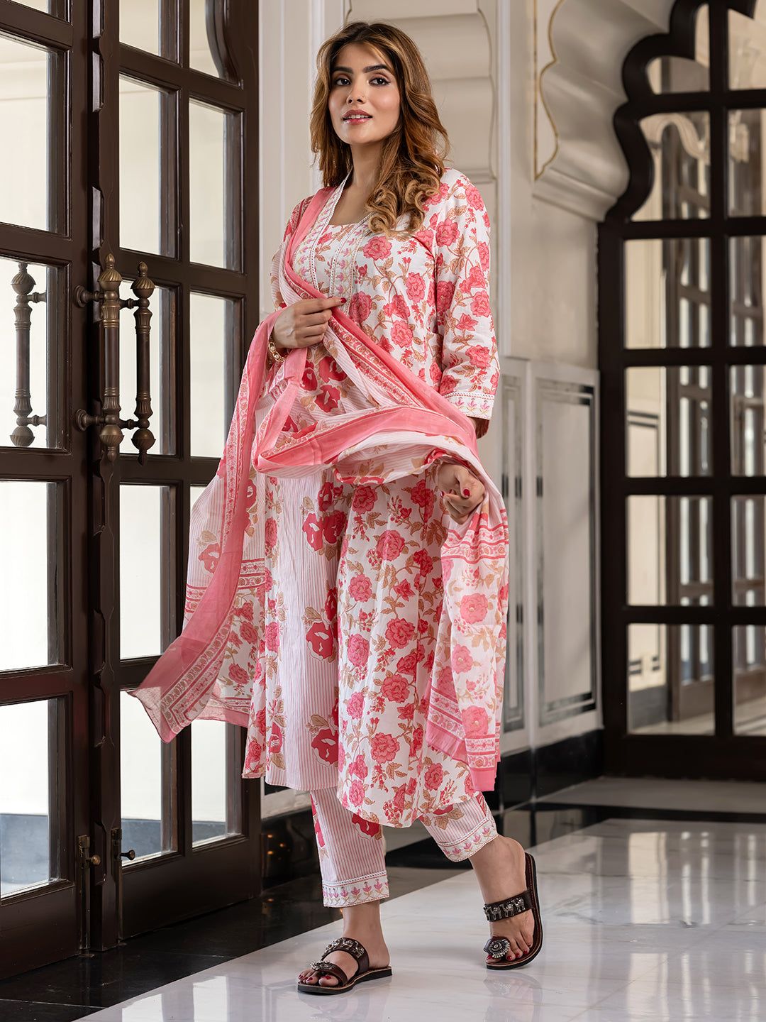 Jaitpuriya Women Pink Pure Cotton A-Line Kurta Bottom Dupatta set