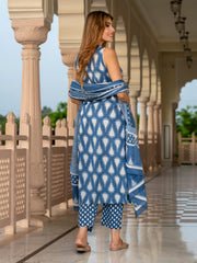 Jaitpuriya Women Blue Pure Cotton Straight Kurta Bottom Dupatta set