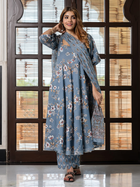 Jaitpuriya Women Grey Pure Cotton Anarkali Kurta Bottom Dupatta set