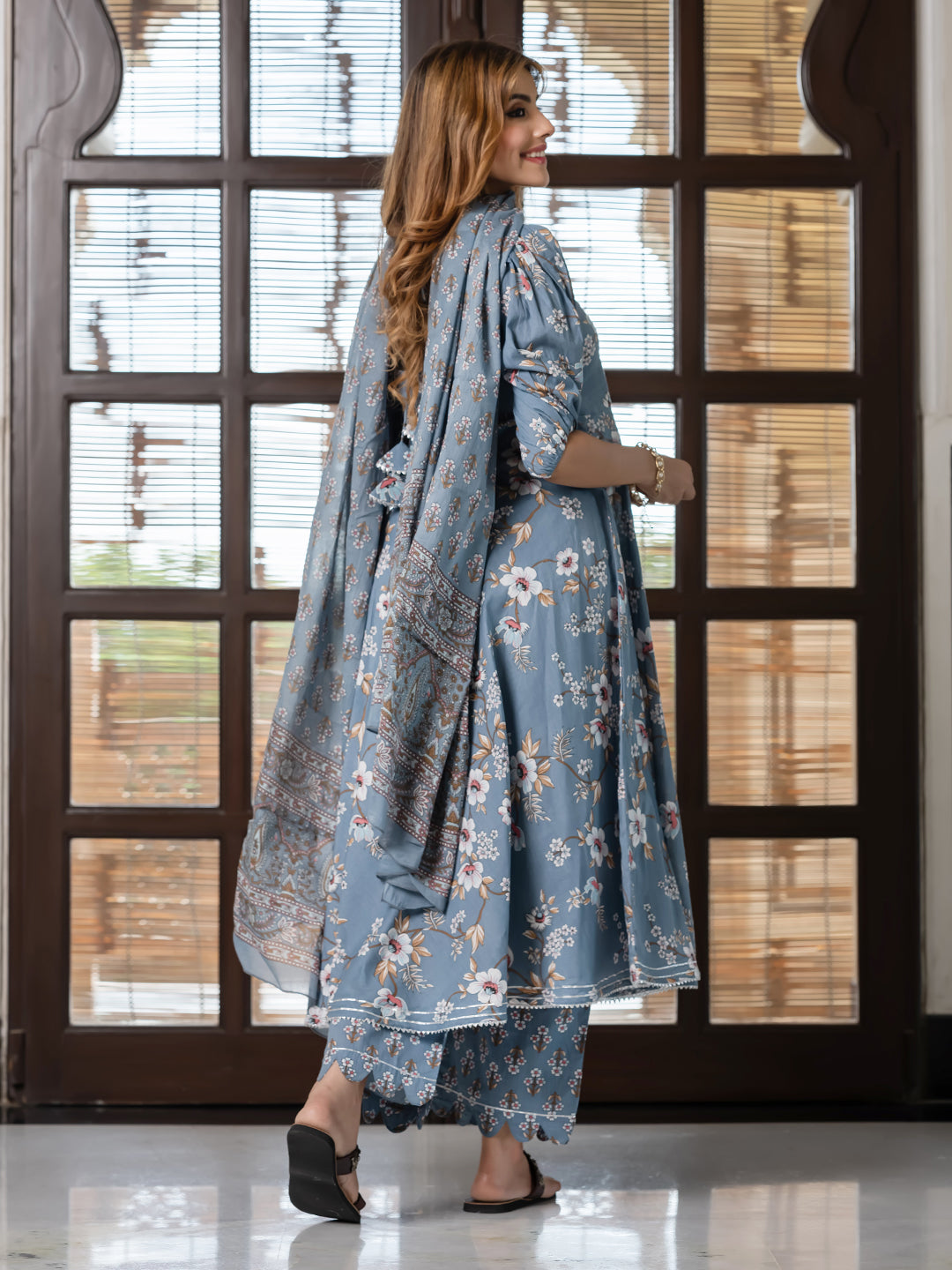 Jaitpuriya Women Grey Pure Cotton Anarkali Kurta Bottom Dupatta set