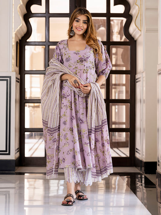 Jaitpuriya Women Mauve Pure Cotton Anarkali Kurta Bottom Dupatta set