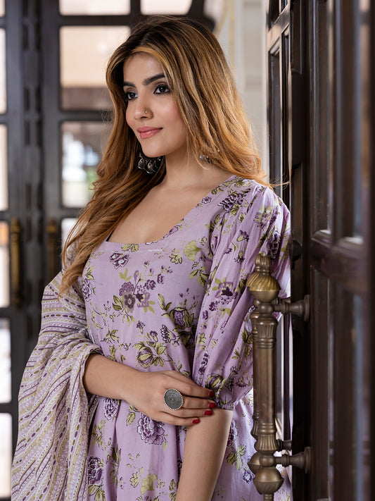 Jaitpuriya Women Mauve Pure Cotton Anarkali Kurta Bottom Dupatta set